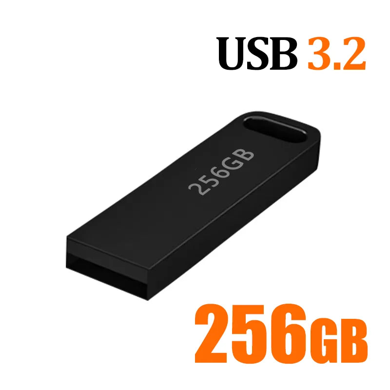 A sleek black 256GB USB 3.2 portable flash drive with a keyring loop hole.