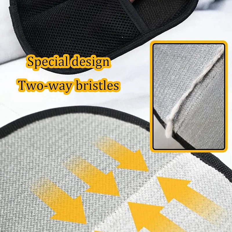 Grey lint removal mitt with a black mesh backing and two-way directional bristles for fabric cleaning.