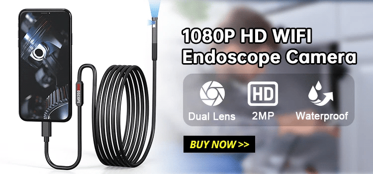 Black 1080P WiFi endoscope camera with a long flexible cable, dual lens, 2MP resolution, and waterproof design.