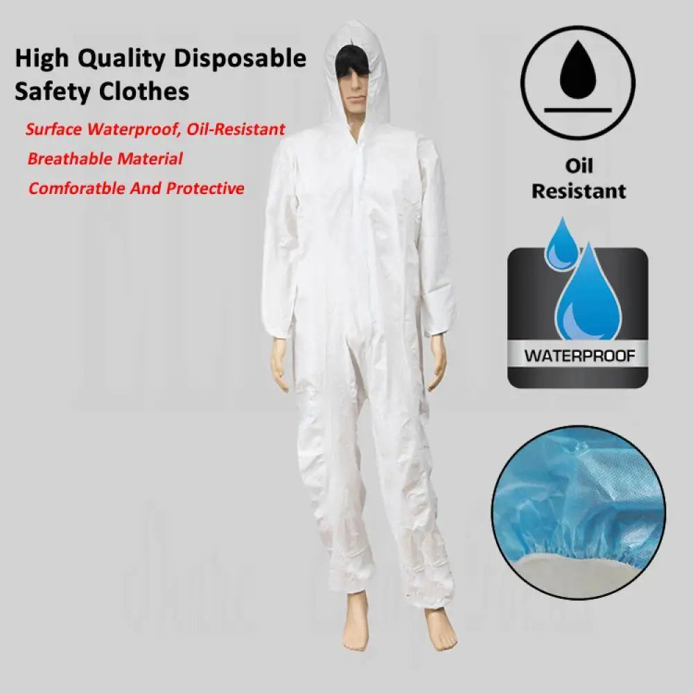 Mannequin wearing a white, hooded, disposable protective coverall that is waterproof and oil-resistant.