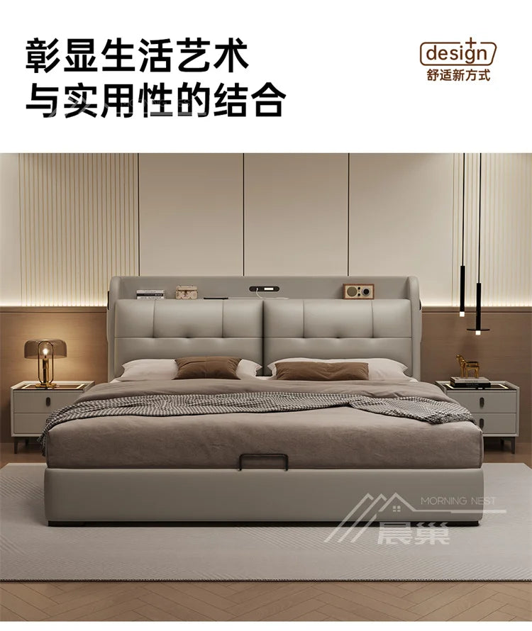 Modern cream upholstered storage bed with a tufted headboard, integrated shelf, and charging port.