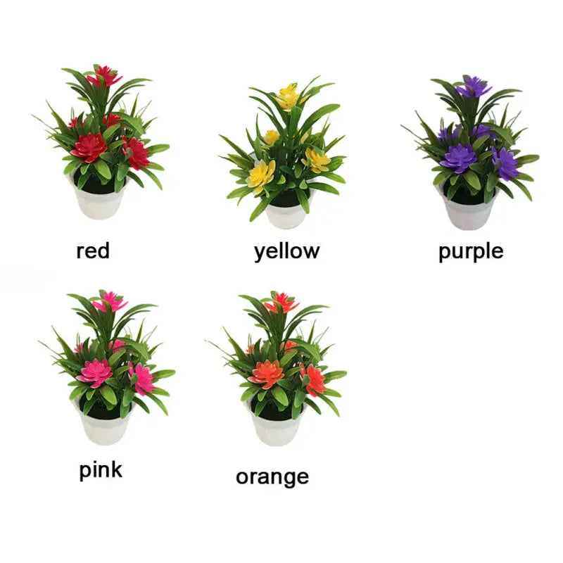 Five small potted artificial plants with red, yellow, purple, pink, and orange flowers in white pots.