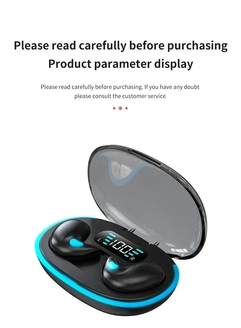 Black wireless earbuds in an oval charging case with a transparent lid, digital battery display, and blue neon lights.