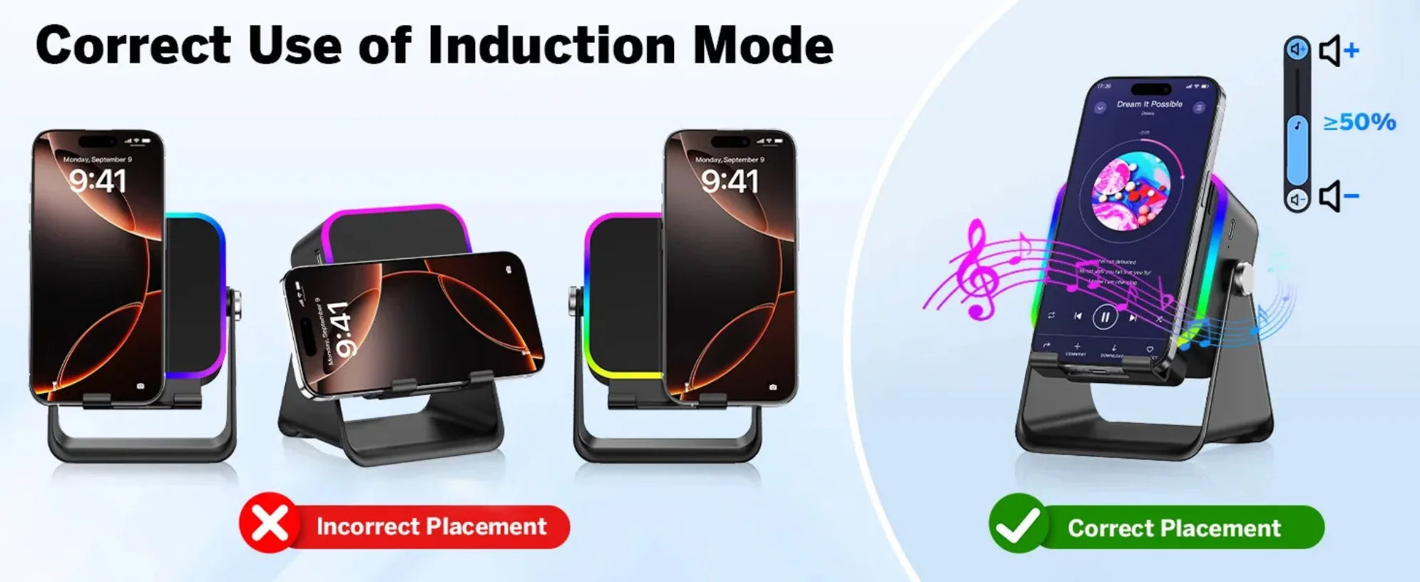 Black 5-in-1 Bluetooth speaker and phone stand with RGB lighting, demonstrating the correct placement for induction.