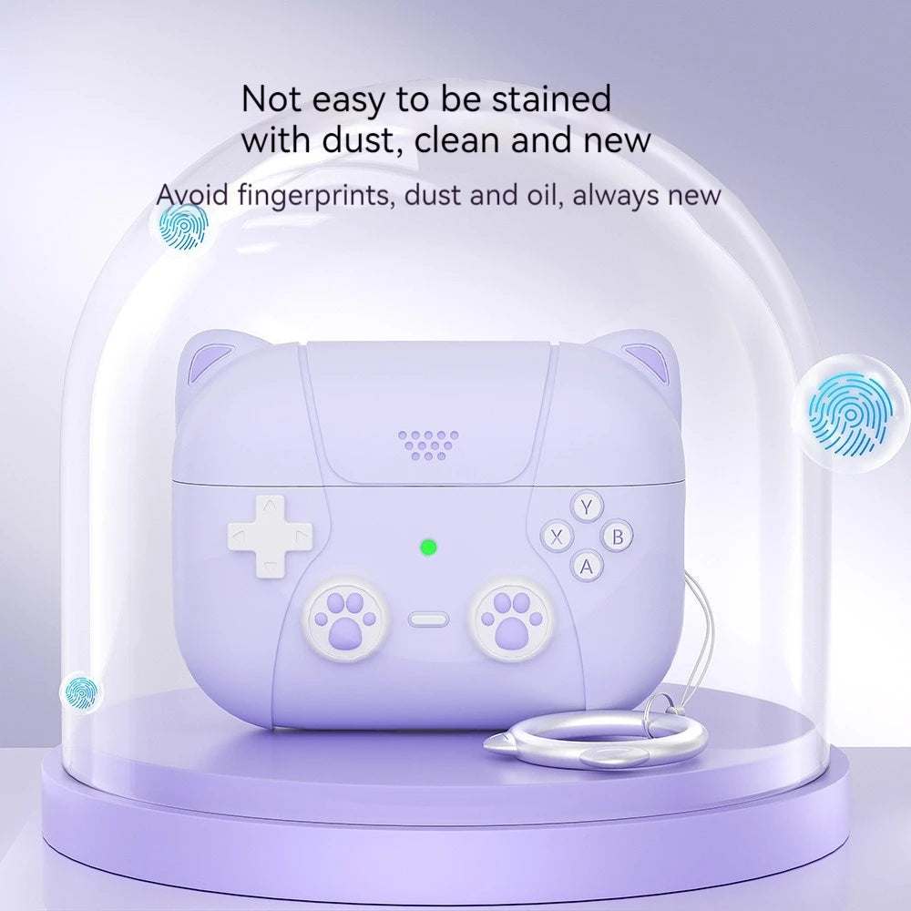 Lilac silicone AirPods Pro case with a cat-ear, gaming controller design and a circular ring attachment.