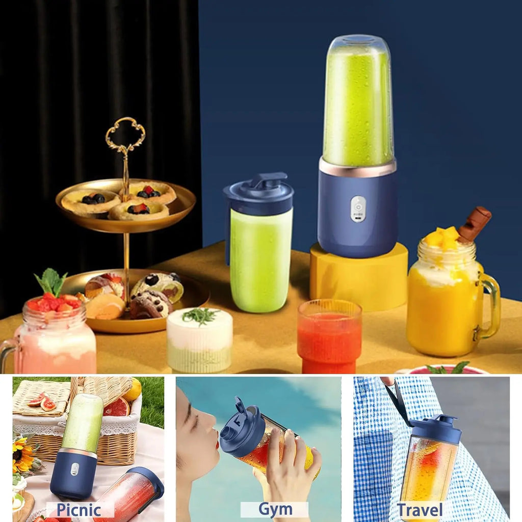 A portable dark blue blender with a clear cup on a stand, surrounded by various fruit drinks and small desserts.