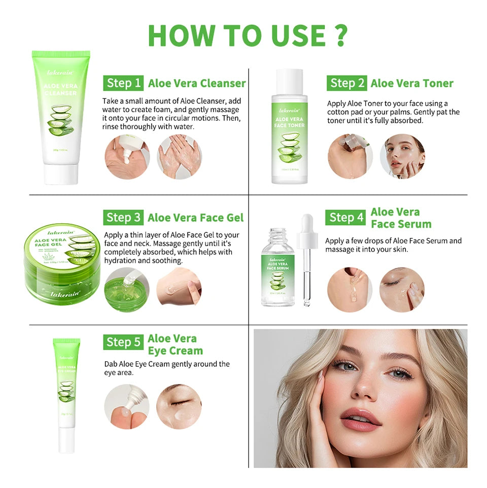 Five-step aloe vera skincare routine guide including cleanser, toner, face gel, serum, and eye cream with instructions.