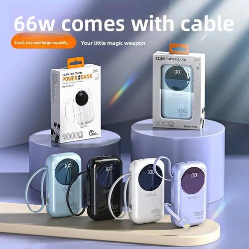Four 20,000mAh portable power banks in blue, black, white, and purple, each with a built-in cable and LED display.