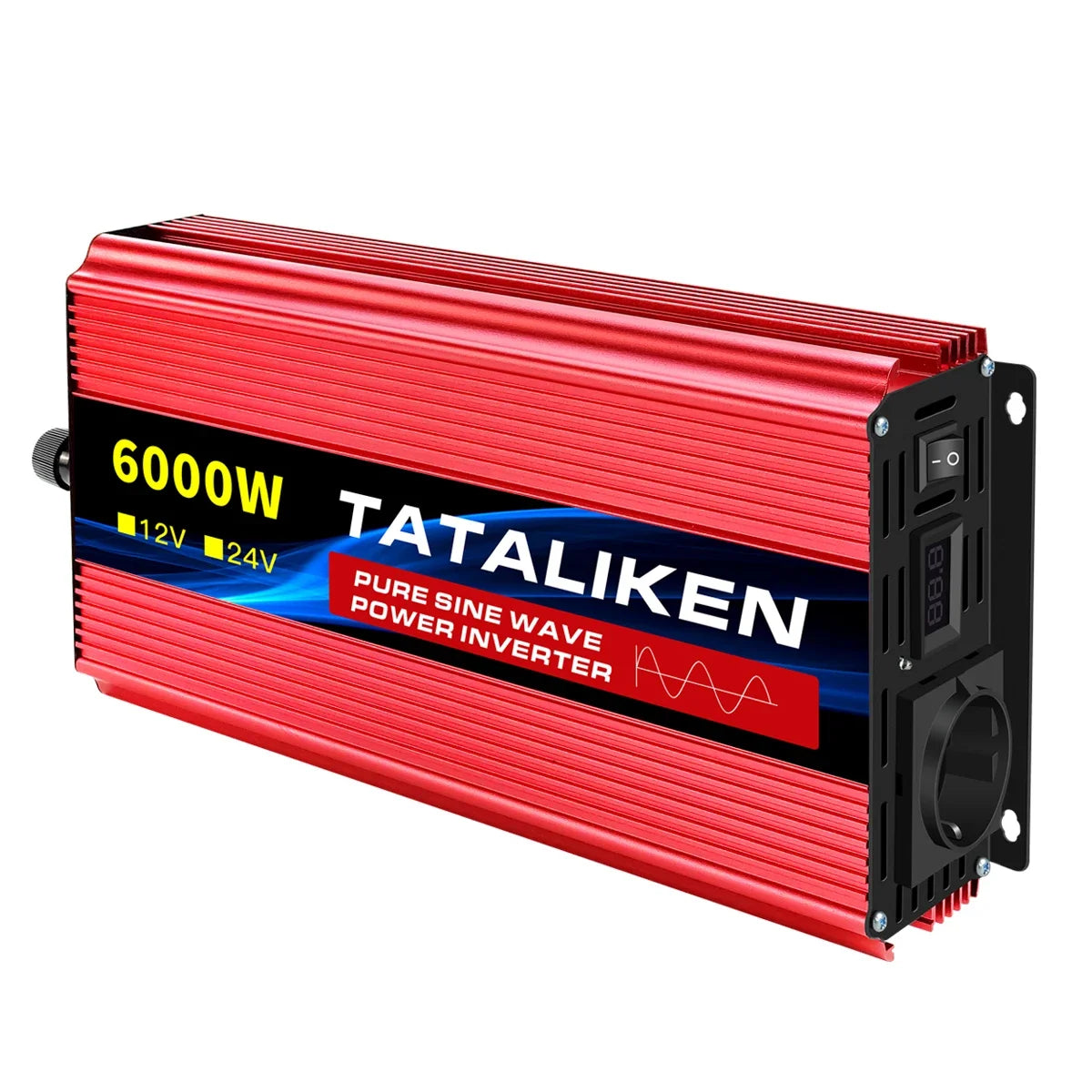 Red 3500W pure sine wave power inverter with a ribbed metal casing, power switch, digital display and UK socket.