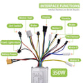 Silver 350W electric bike brushless controller with multicolored labeled interface wires.