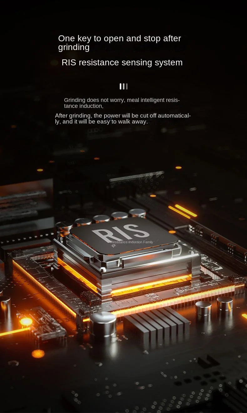 Close-up of a dark, metallic CPU-style chip on a circuit board with glowing orange accent lights.