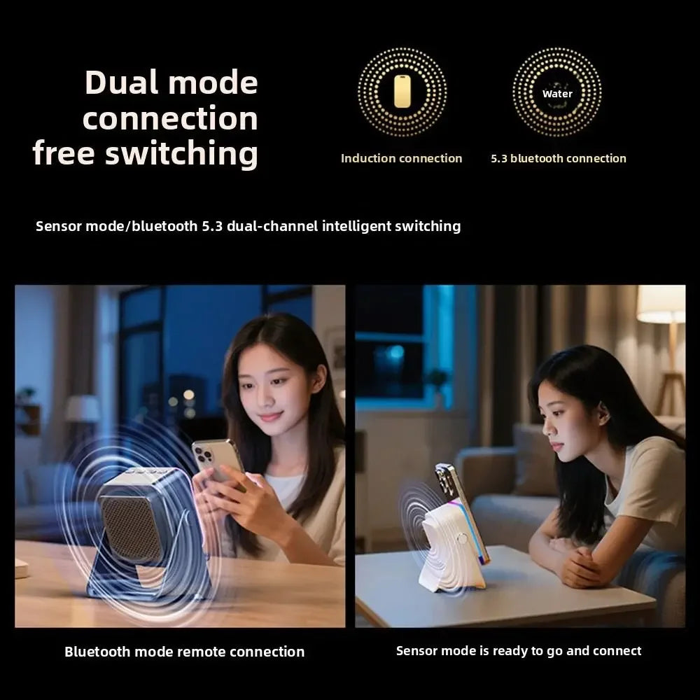 A white, compact wireless speaker and phone stand. Features dual-mode Bluetooth and induction sound technology.