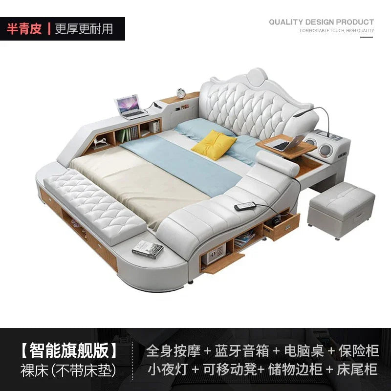 Modern white faux leather double bed with integrated storage, bookshelves, laptop desk, speakers and matching stool.