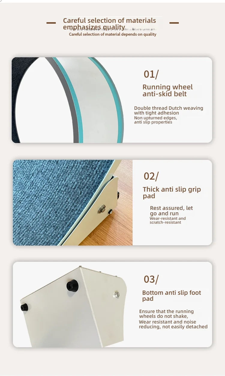 White pet exercise wheel with a textured blue anti-slip running track, sturdy base, and stability grip pads.
