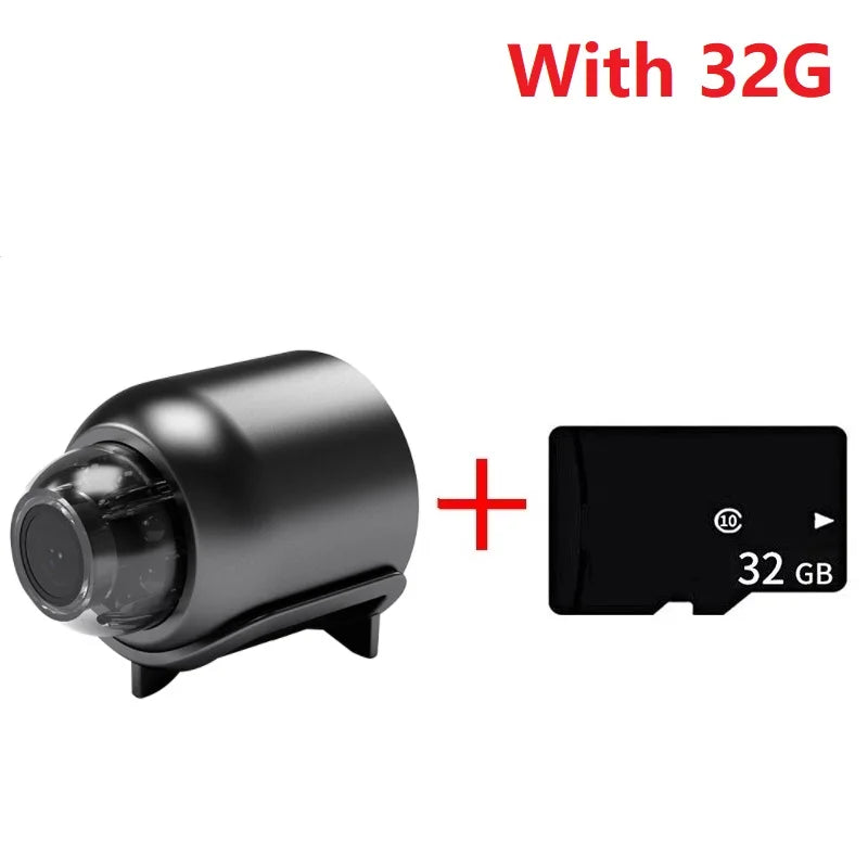 Black cylindrical plastic camera with a stand, paired with a 32GB microSD memory card.