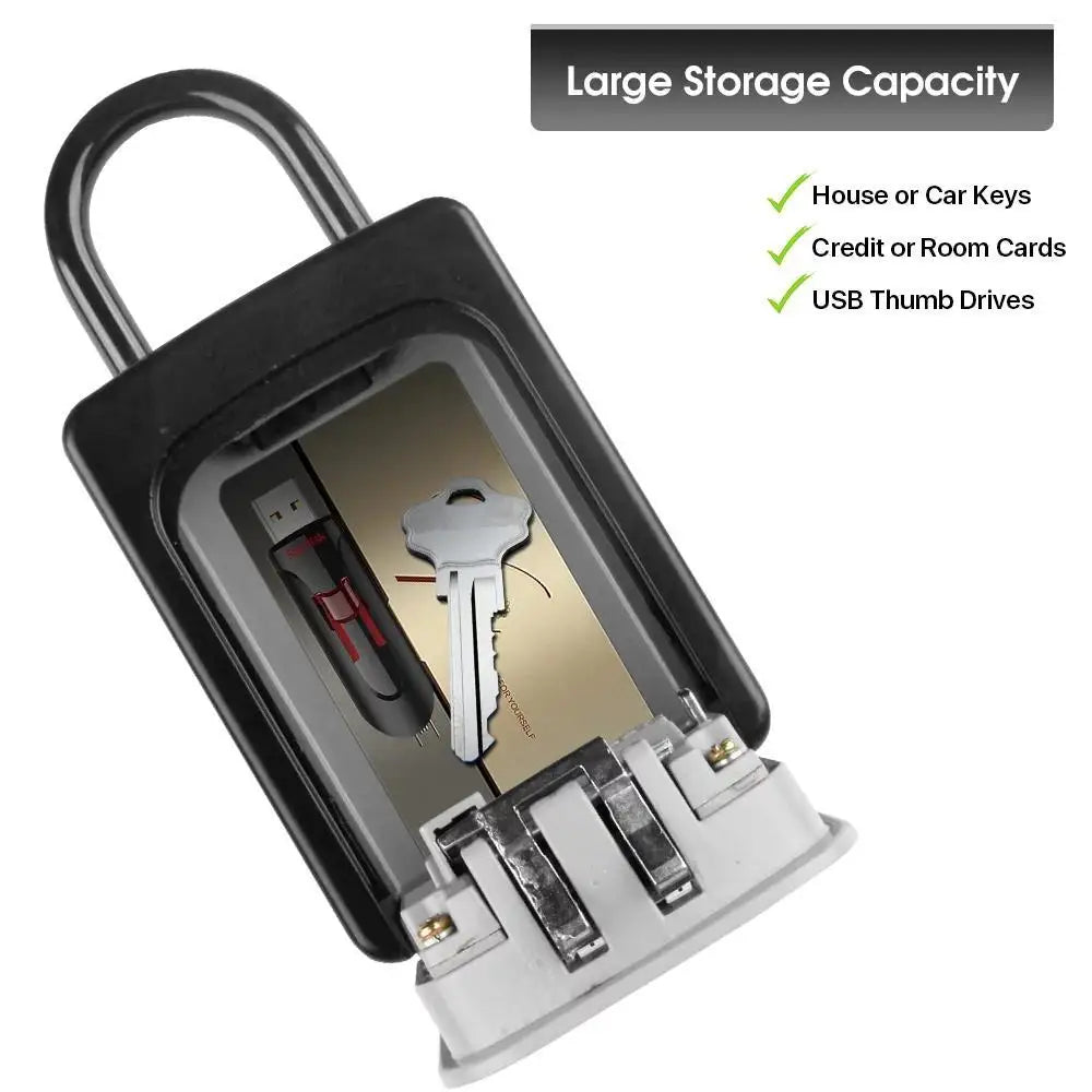 Black metal padlock-style key storage box with an open door showing a key and USB drive inside.