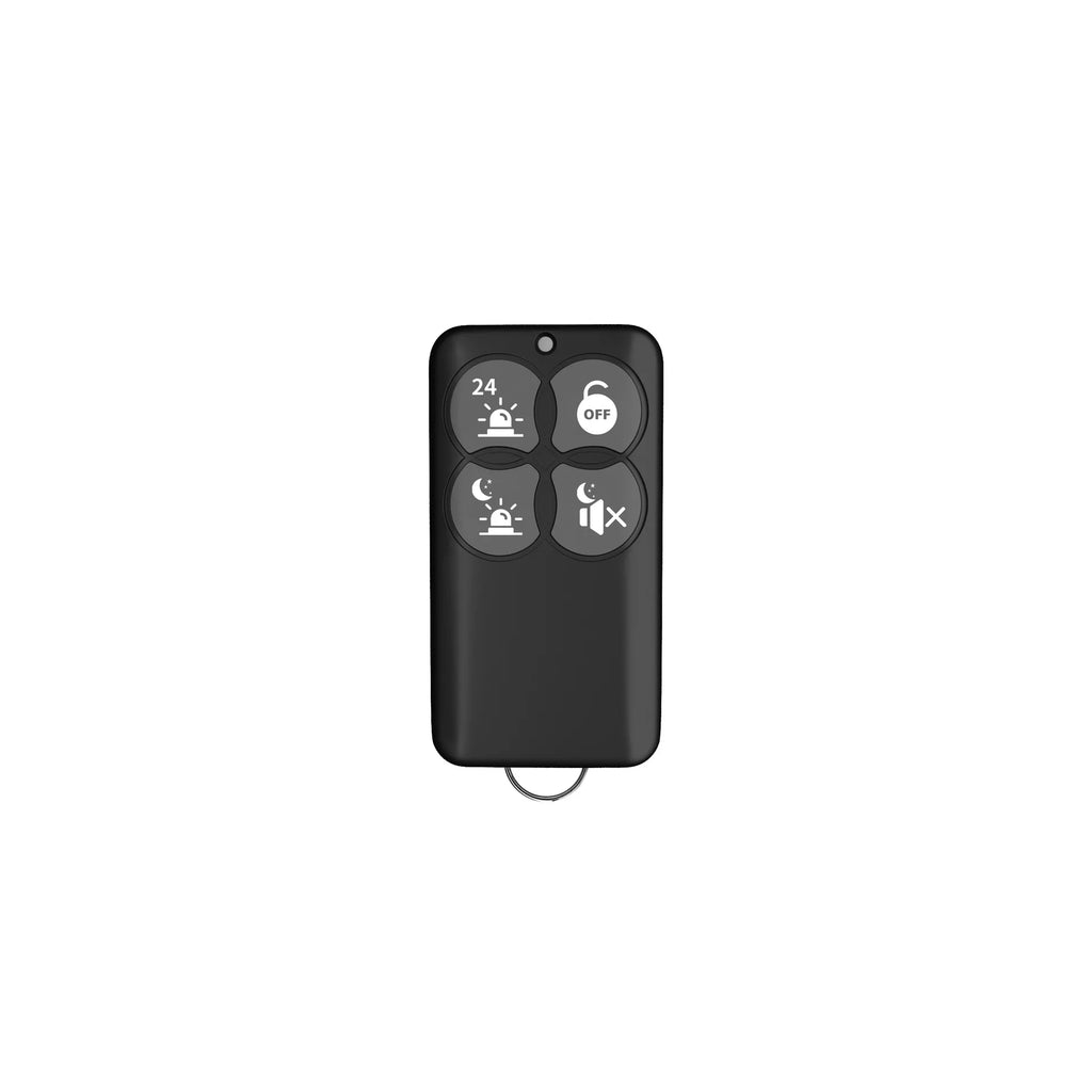 Black four-button remote control for wireless security alarm, featuring icons for different settings and a key ring loop.