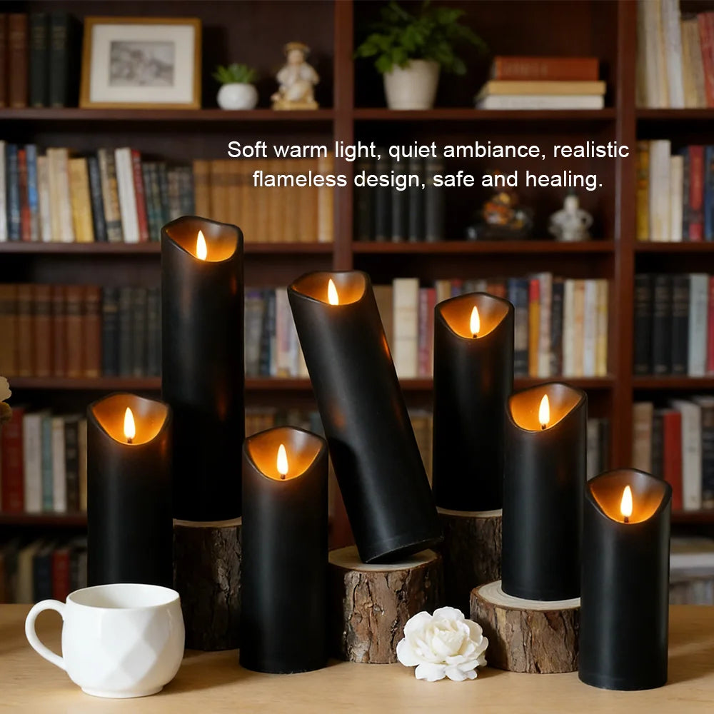 Seven black flameless LED pillar candles of varying heights, featuring warm glowing flickering flames.