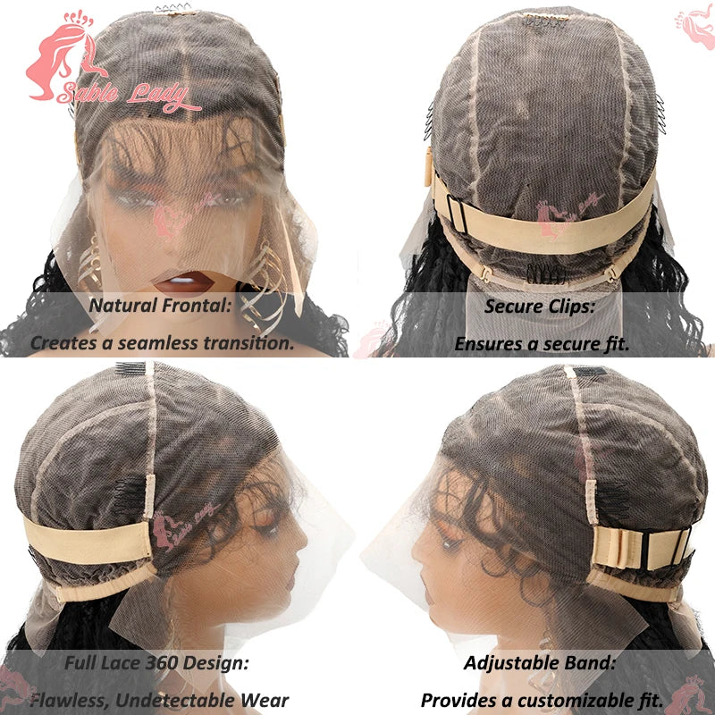 Four views of a lace front wig cap featuring secure clips, a 360-degree full lace design, and an adjustable strap.