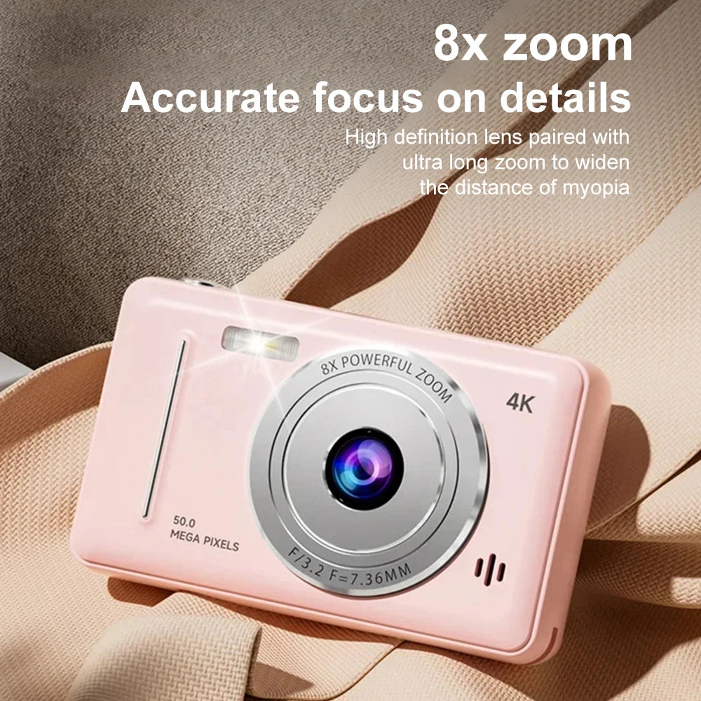 Compact pink plastic digital camera with silver lens, 8x zoom, 4K resolution, and 50.0 megapixels.