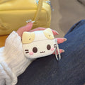 Cute white silicone AirPods case featuring a kawaii cat face design with ears and a silver carabiner clip.