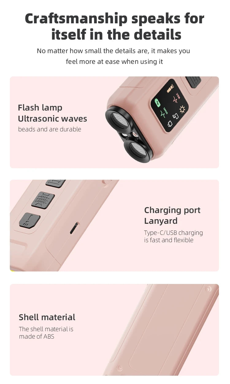 Pink rechargeable dog training device featuring dual ultrasonic emitters, LED strobe, control buttons, and USB-C port.