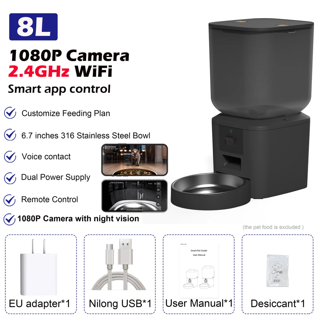 8L smart pet feeder in matte black with an integrated camera, stainless steel bowl, and power accessories.