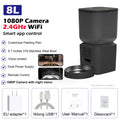 8L smart pet feeder in matte black with an integrated camera, stainless steel bowl, and power accessories.
