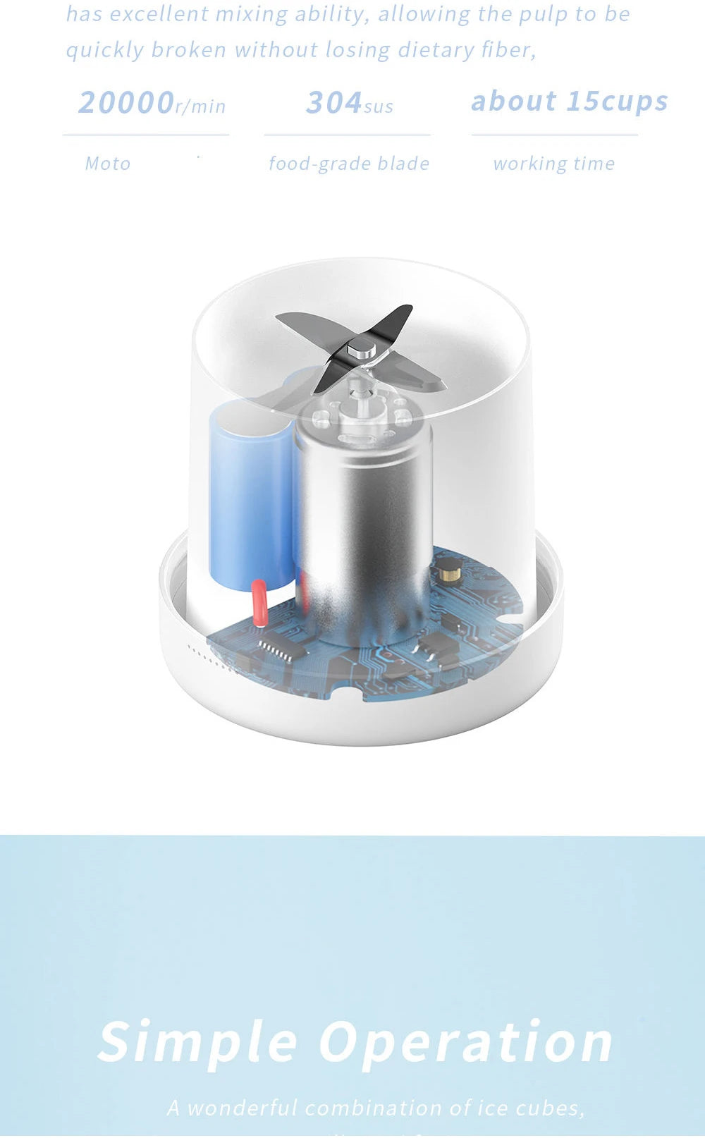 Internal mechanism of a white portable blender with a silver motor, circuit board, and stainless steel blades.