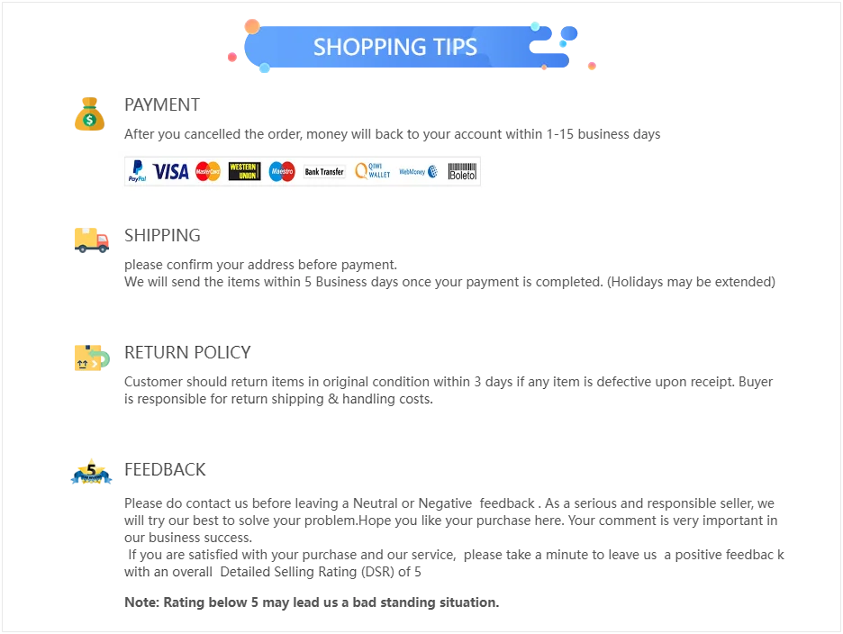 Informational graphic detailing online store policies for payment, shipping, returns, and customer feedback.