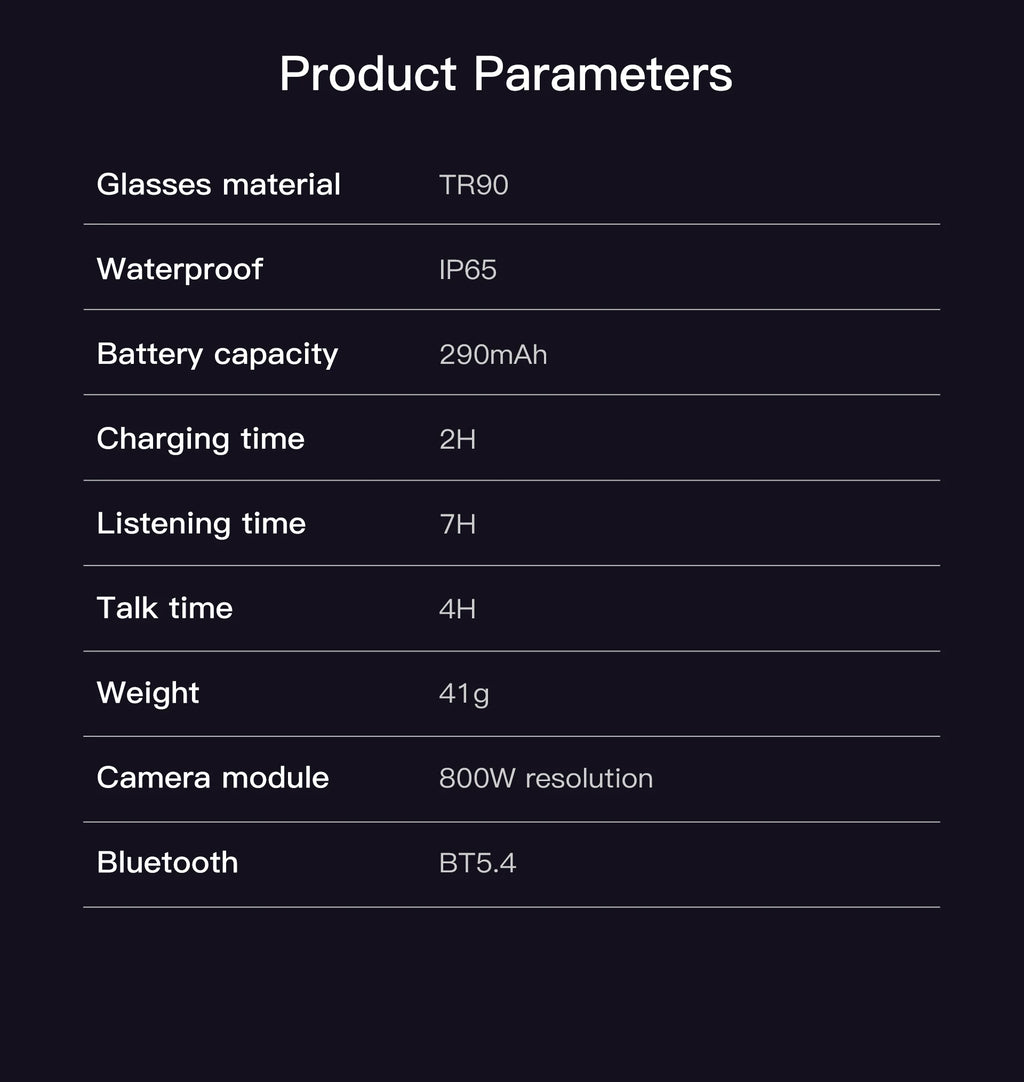 Technical specifications table for smart glasses with HD camera, waterproof rating, and Bluetooth connectivity.