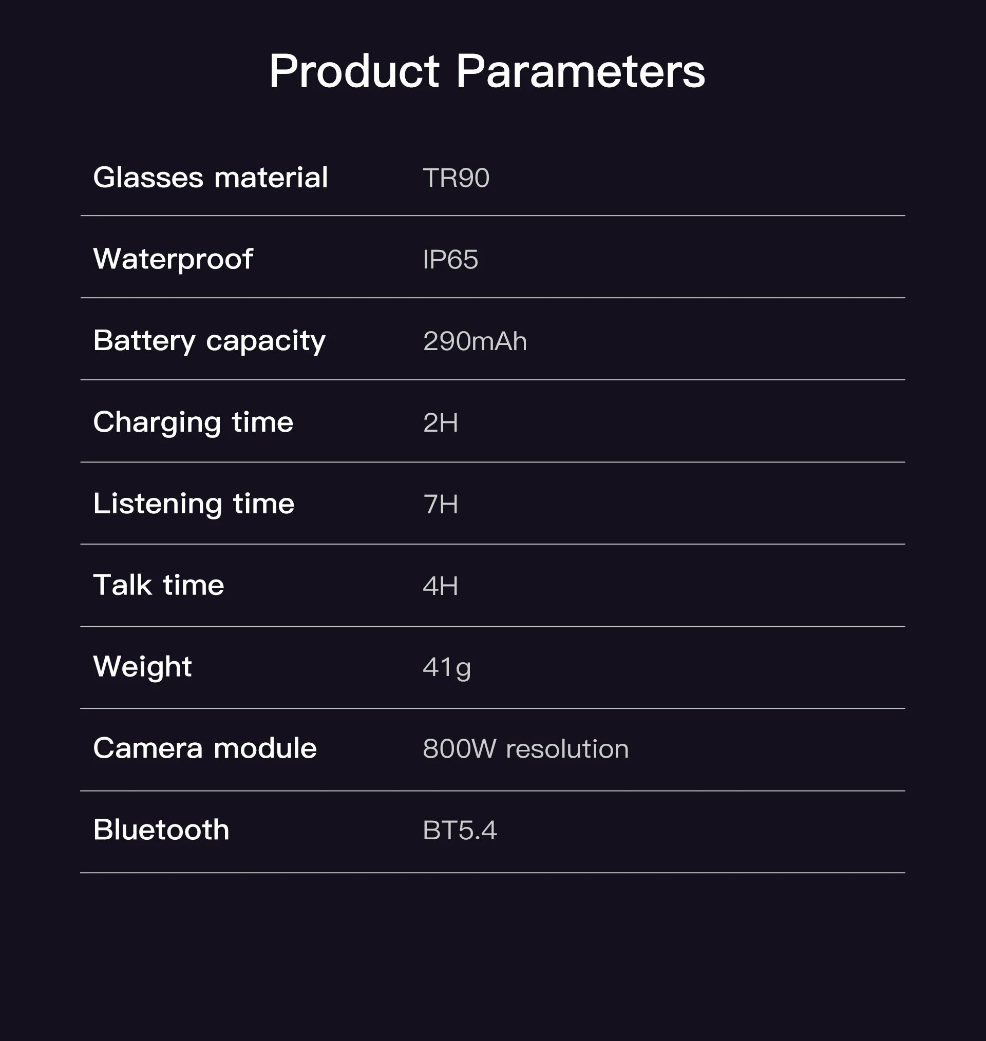 Technical specifications table for smart glasses with HD camera, waterproof rating, and Bluetooth connectivity.