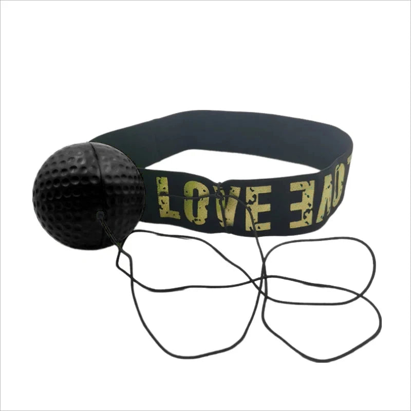 Black boxing reflex ball attached to a black headband with green distressed "LOVE" text.