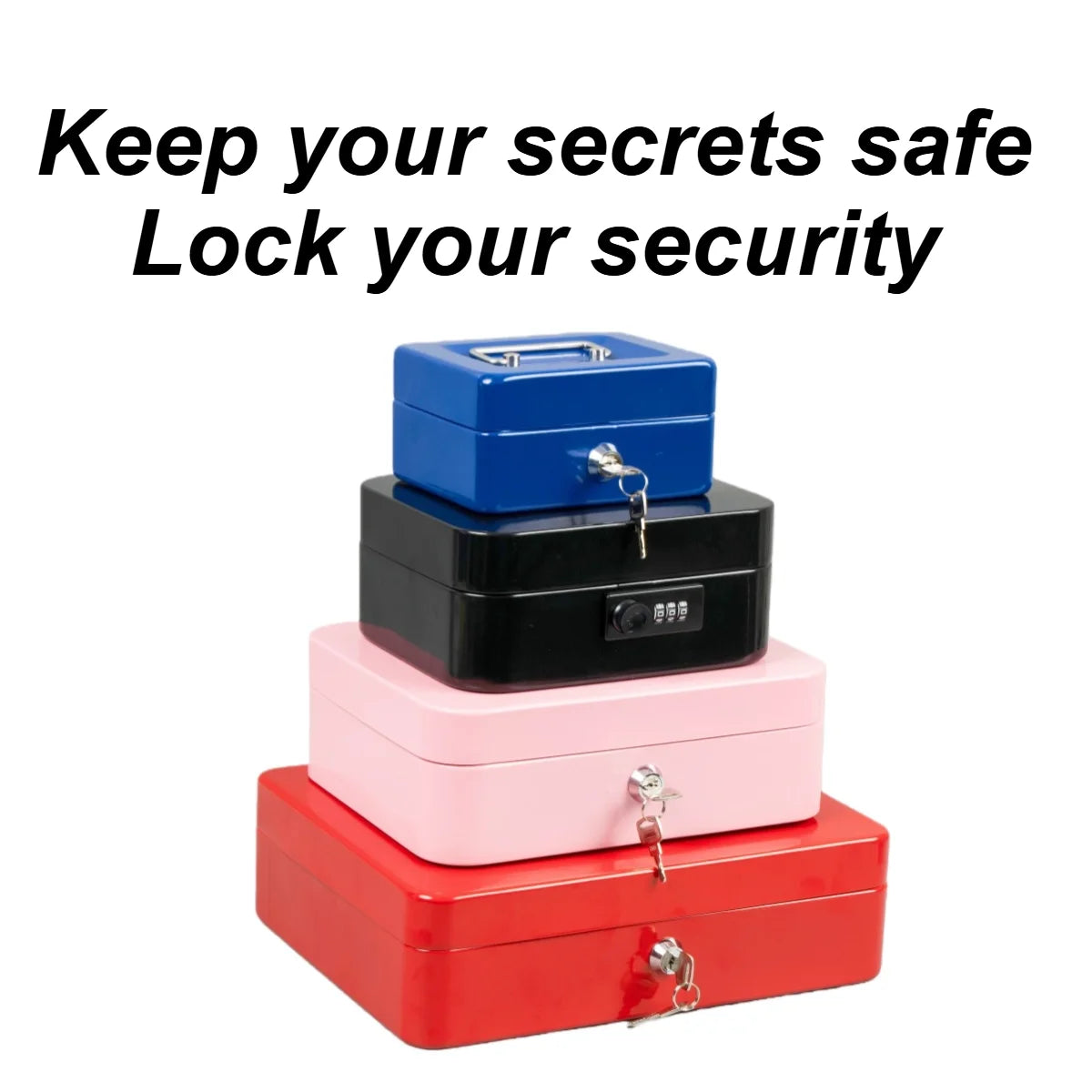Stack of four metal cash boxes in blue, black, pink, and red, featuring key locks and one combination lock.