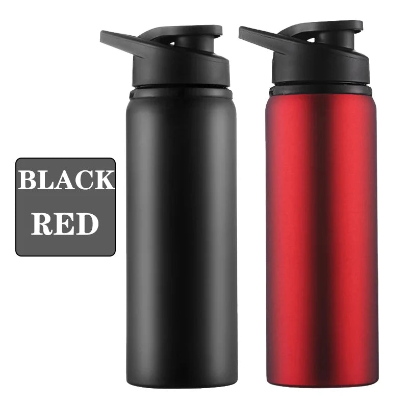 Two metal water bottles with black flip-top lids, one in matte black and one in metallic red.
