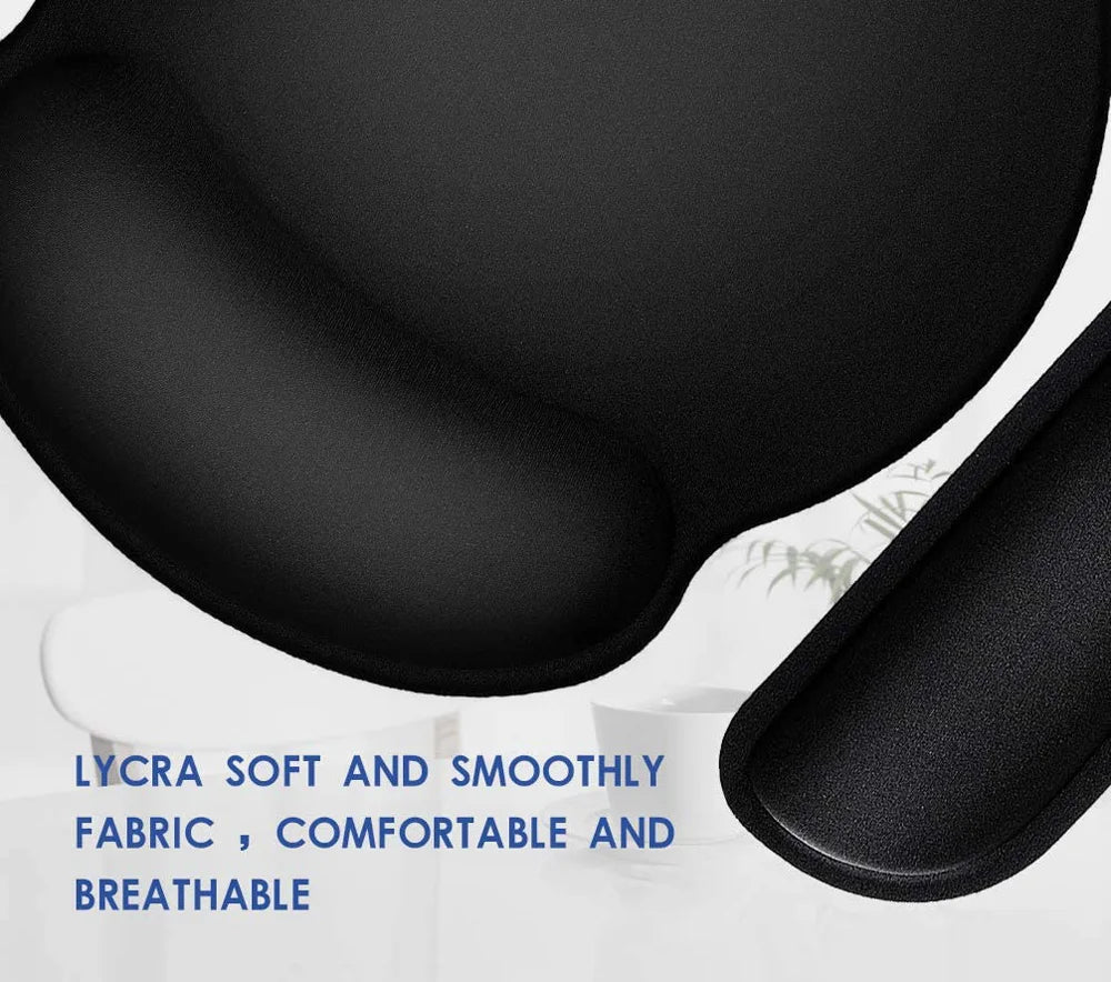 Black Lycra fabric mouse pad and keyboard wrist rest set with ergonomic cushioned support.