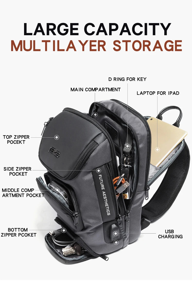 Dark grey anti-theft crossbody bag with multiple zipped compartments, a dedicated tablet sleeve, and USB charging port.