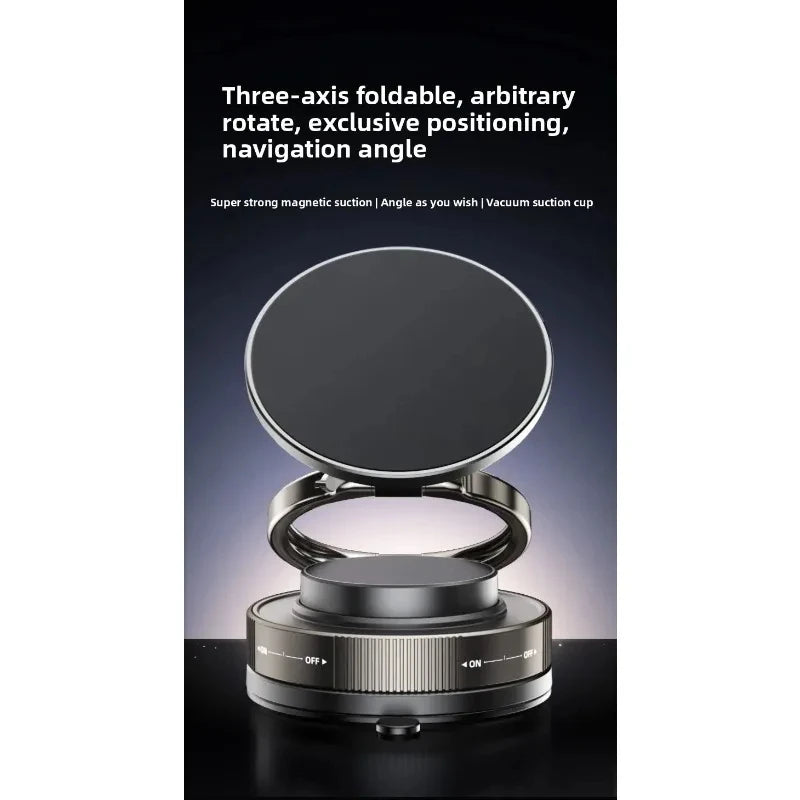 Dark grey, foldable, three-axis magnetic phone mount with a vacuum suction base and adjustable rotating design.