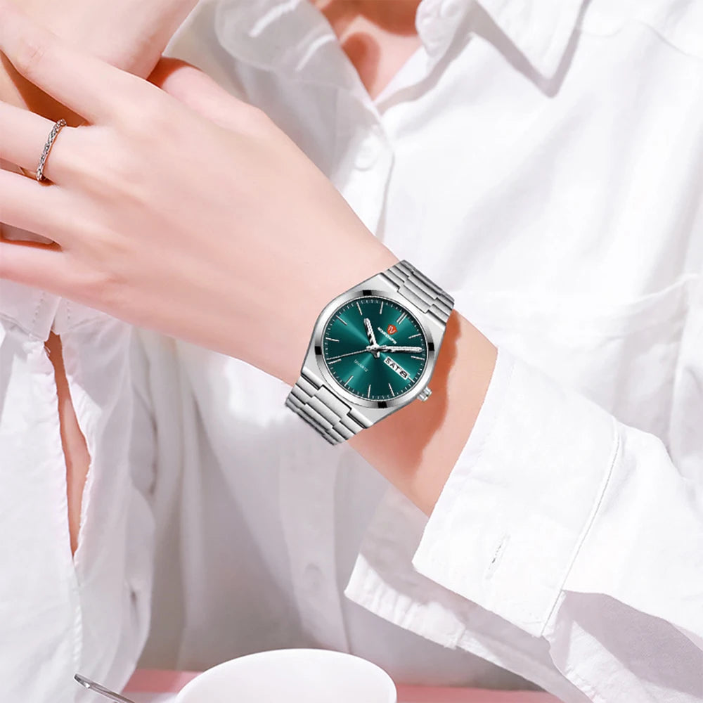 Ultra-thin silver quartz watch with a sleek emerald green dial, featuring a day-date display and stainless steel strap.
