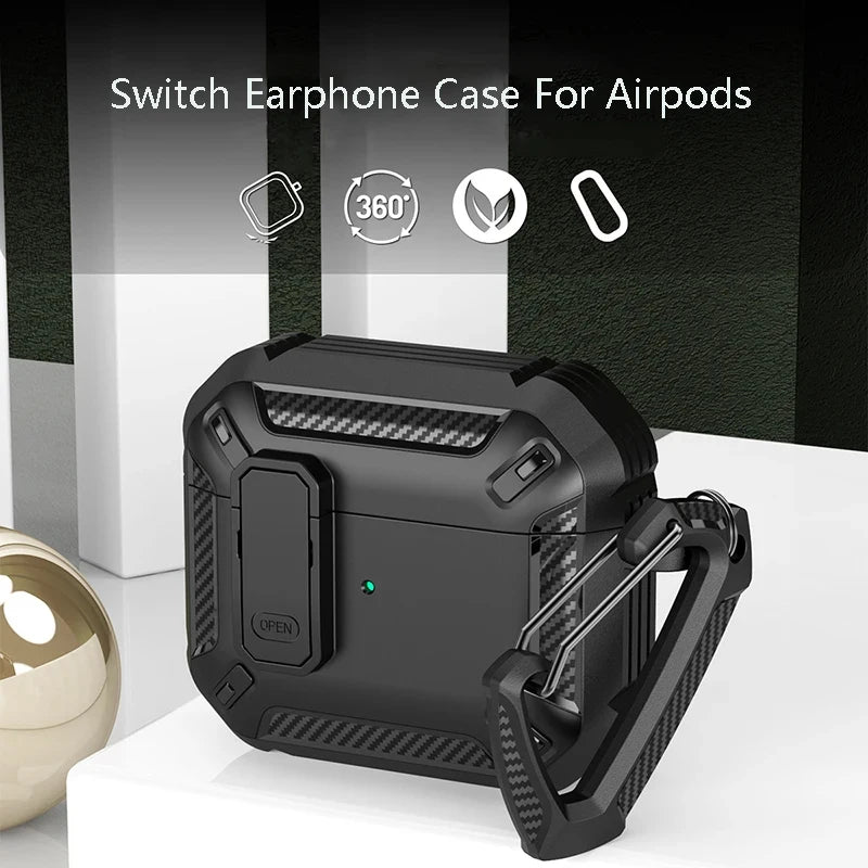Rugged black carbon-fibre style AirPods protective case with secure latch and carabiner clip.