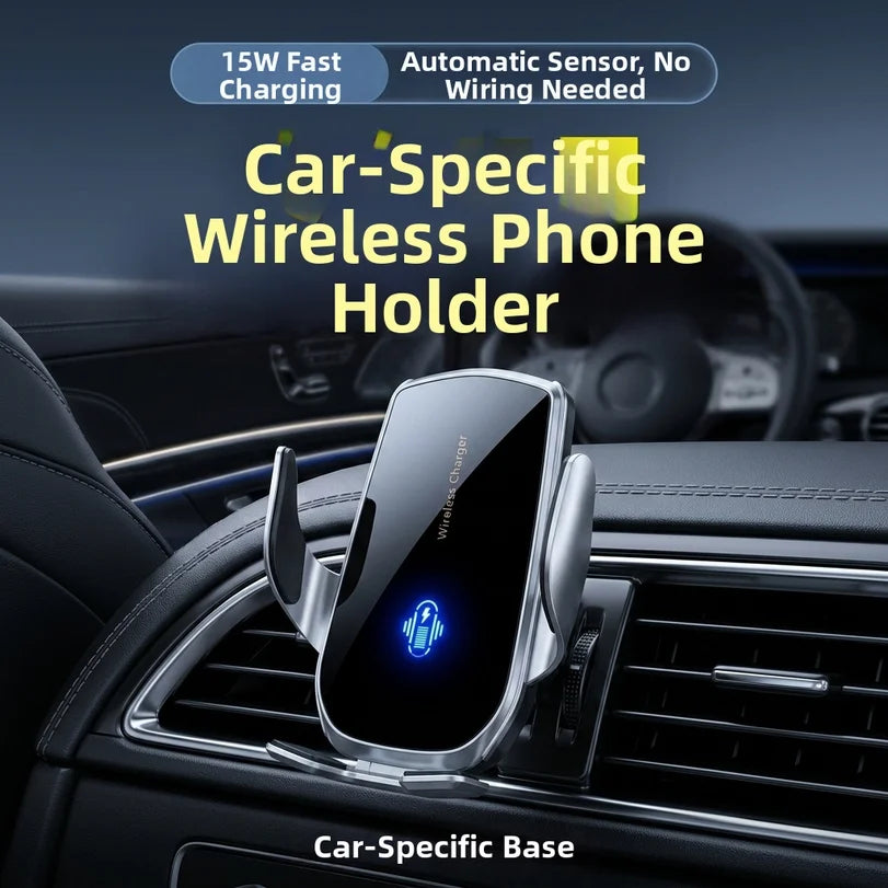Silver wireless car phone holder mounted on air vent, featuring 15W fast charging and an automatic sensor.