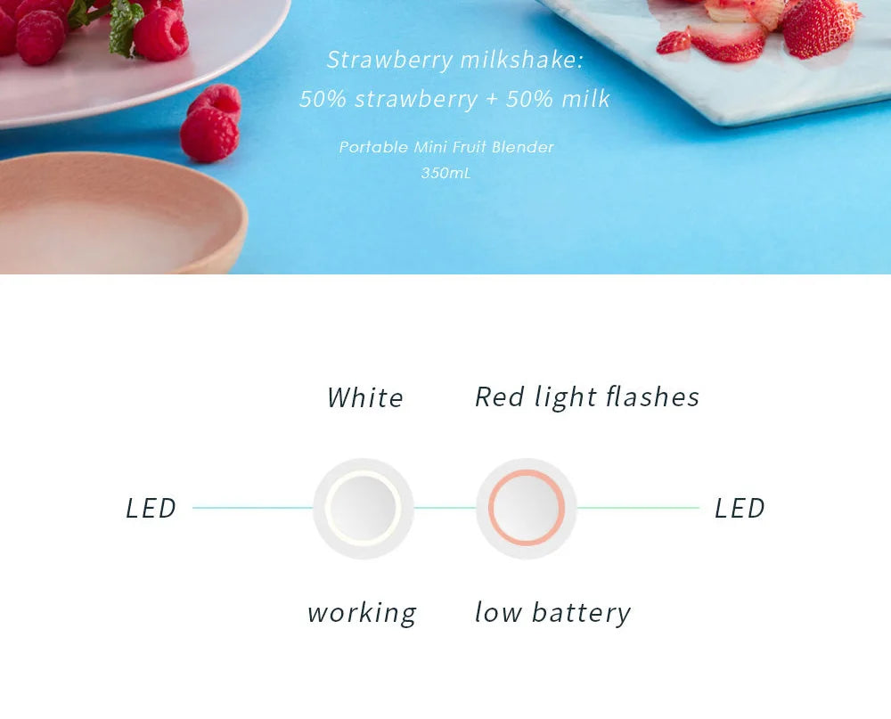 A portable 350ml fruit blender, showing a white working LED indicator and a flashing red low battery LED indicator.