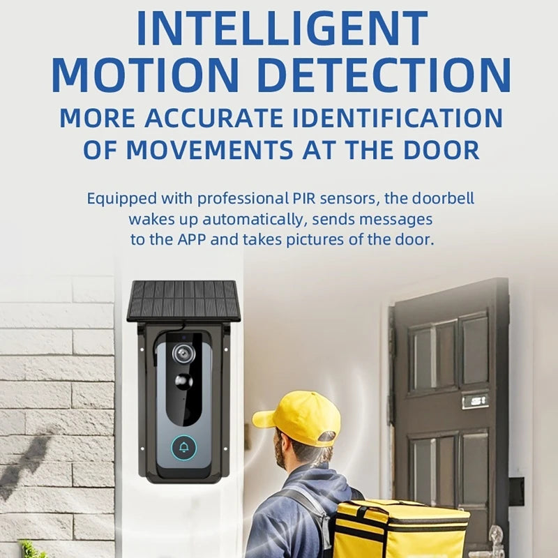 A black solar-powered video doorbell with a camera, motion sensor, and illuminated button next to a front door.