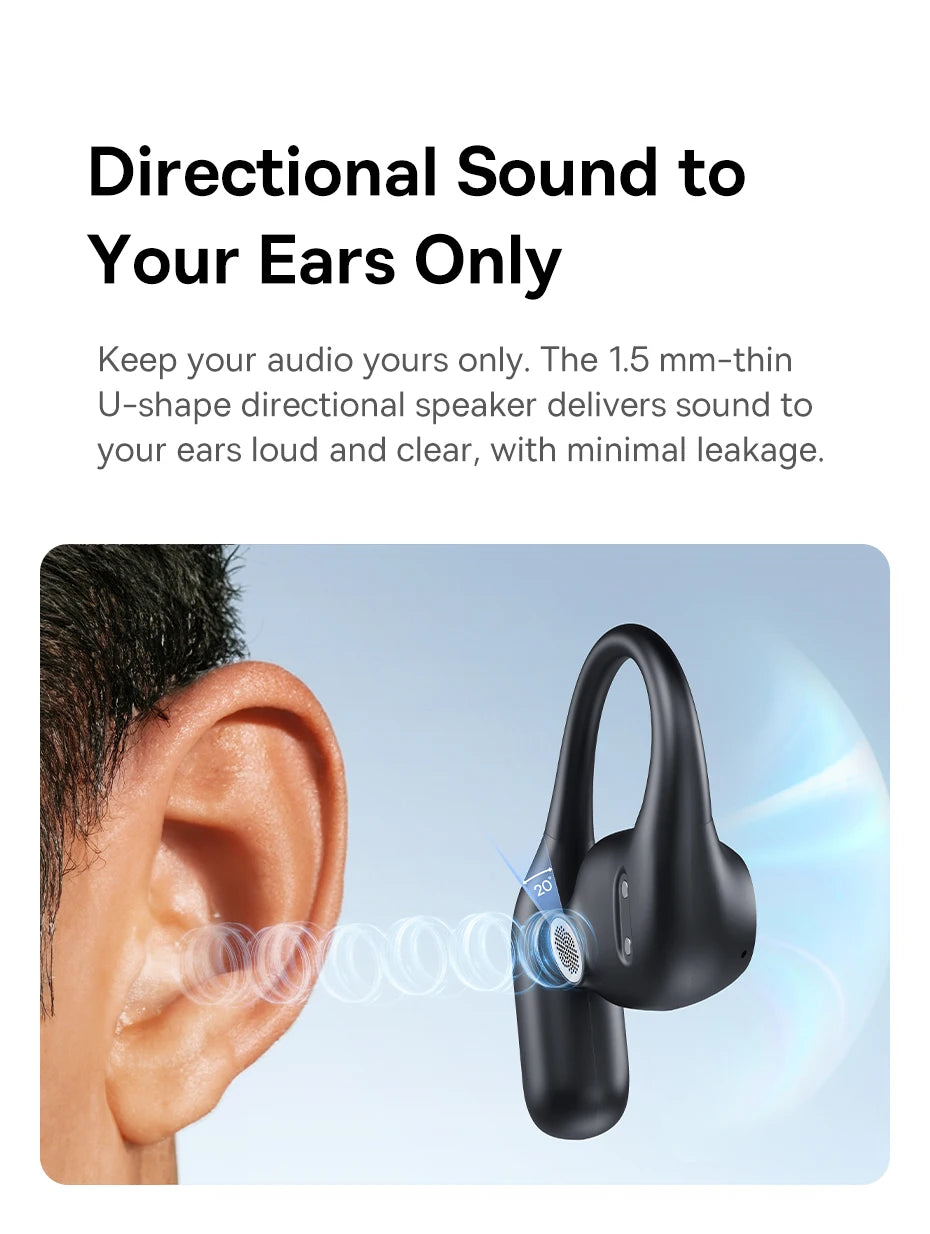 Black U-shaped wireless ear hook speaker worn on ear, featuring directional audio technology for private sound.