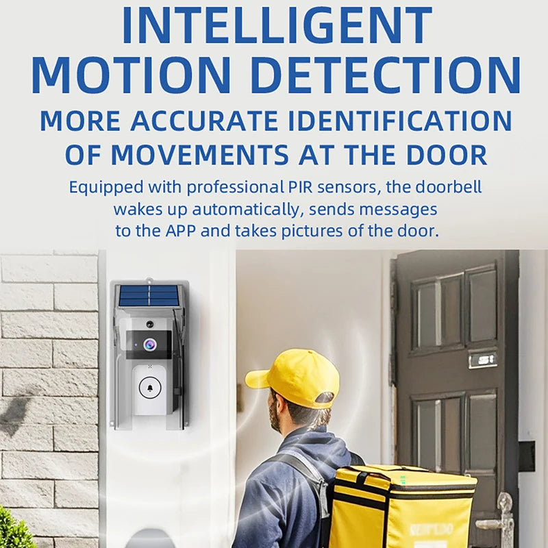 Sleek white and black wireless solar video doorbell mounted on a brick wall, detecting a delivery person.