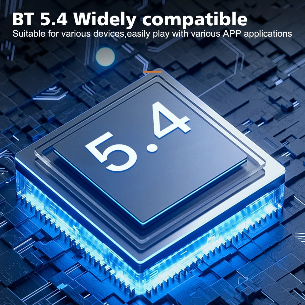 Close-up of a high-tech processor chip with glowing blue light, representing fast Bluetooth 5.4 wireless connectivity.