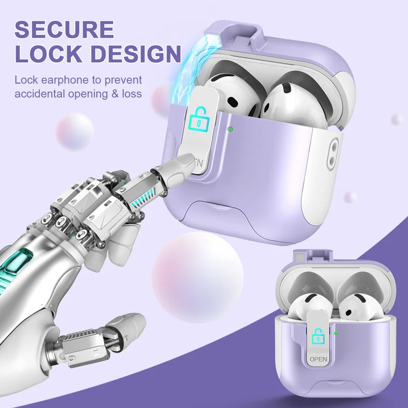 Purple secure lock silicone case for AirPods Pro, featuring a latch to prevent accidental opening.