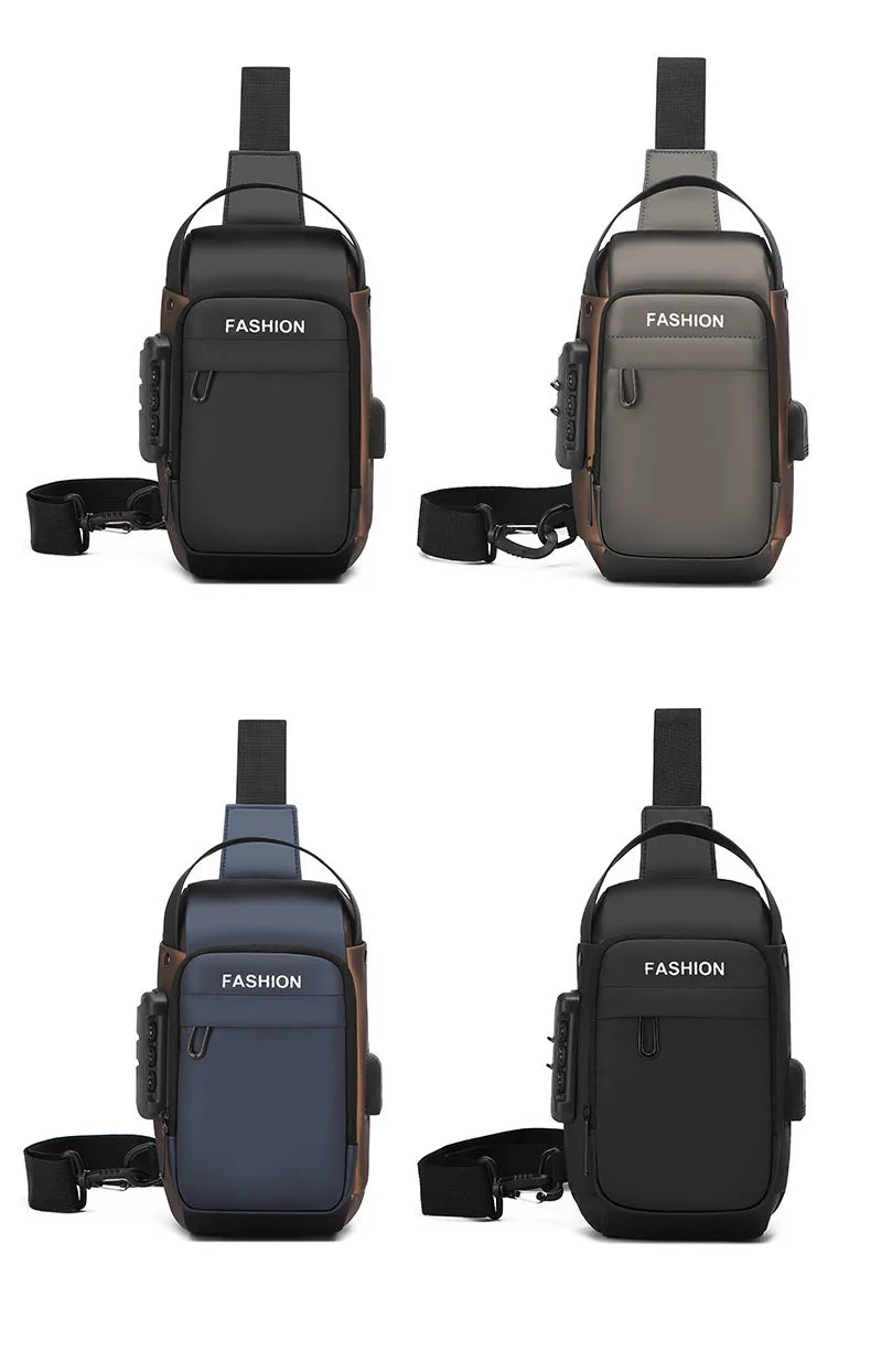 Four anti-theft crossbody sling bags in black, grey, and blue, featuring a USB charging port and secure lock design.