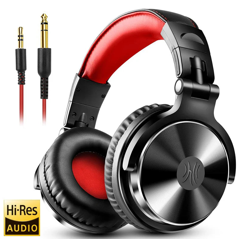 Black and red wired over-ear studio monitor headphones with cushioned ear pads and gold-plated connectors.