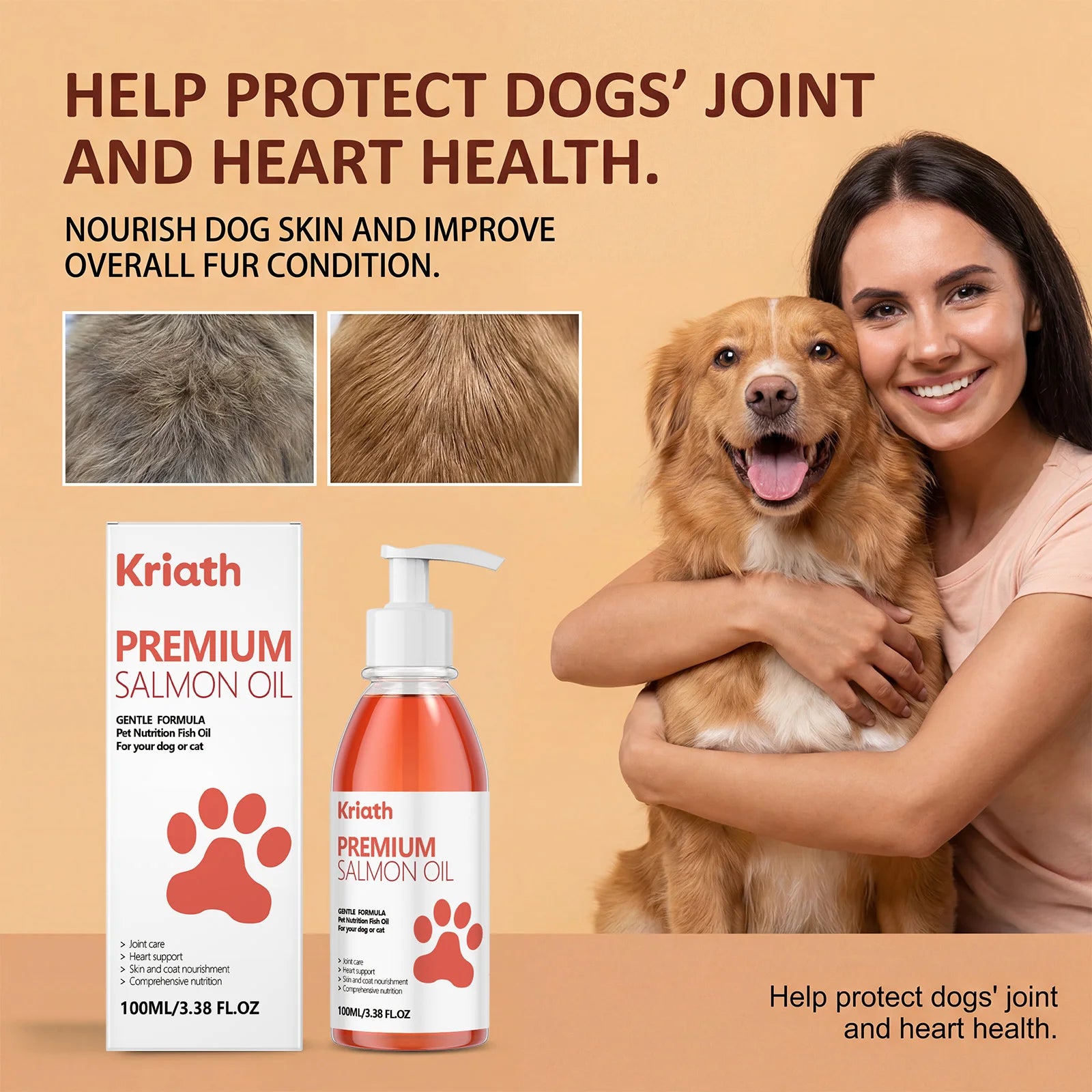 100ml pump bottle of salmon oil for dogs and cats, promoting joint, heart, and skin health with a happy dog.